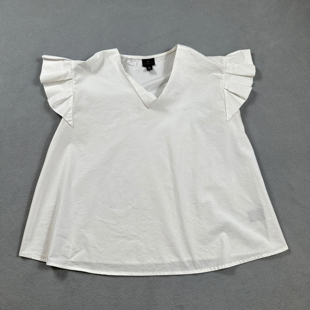 Worthington Petite White V-Neck Blouse Pleated Ruffle Sleeve Top PS 3097